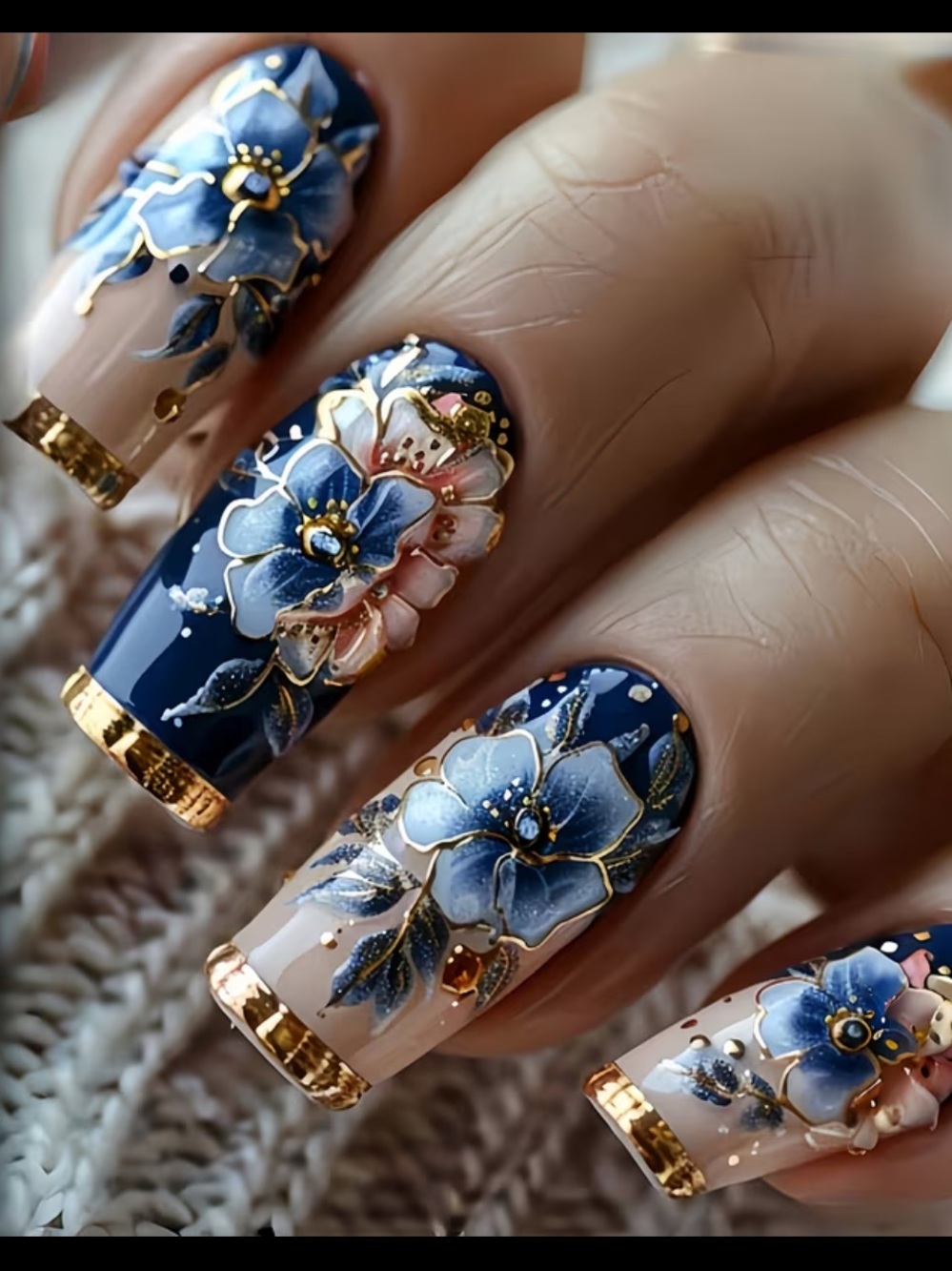 Navy Blue Floral Gold-Trim Press-On Nails - Picture 6 of 6